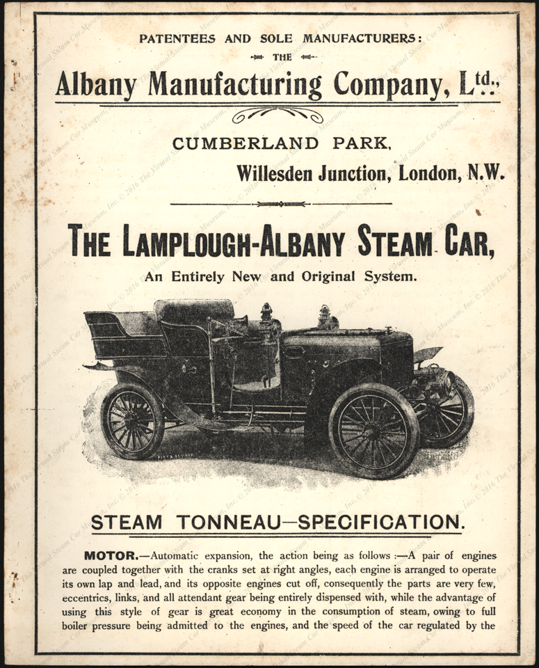 Albany Manufacturing Company, Ltd., London, 1903)Lamplough-Albany_steam_car, Trade Catalogue, P. 01