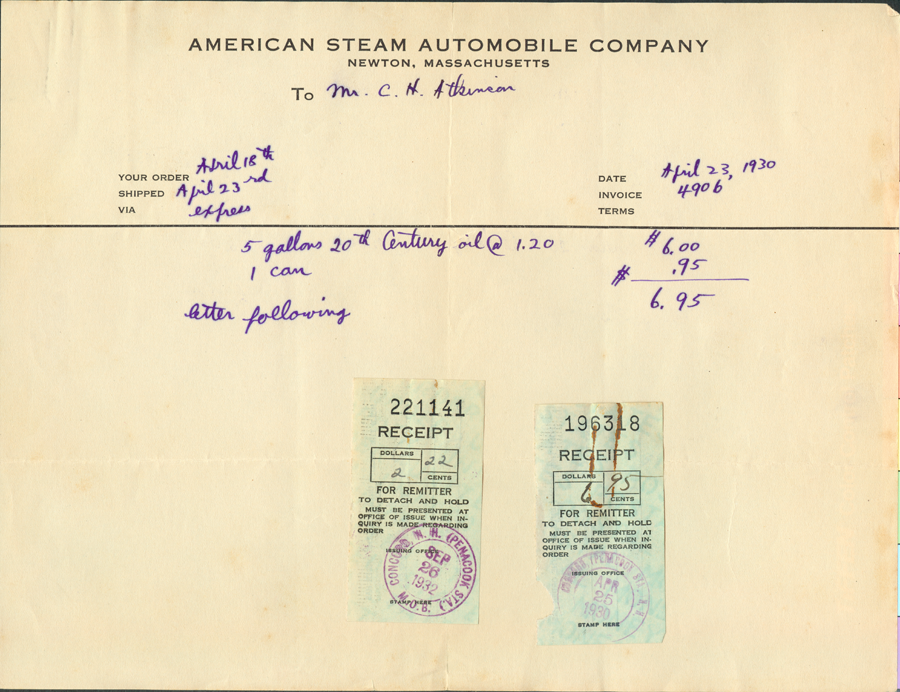 American Steam Automobile Company, Invoie from Derr to Atkinson