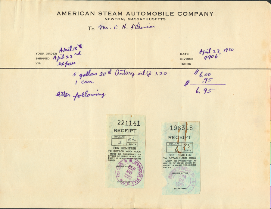 American Steam Automobile Company, Invoie from Derr to Atkinson