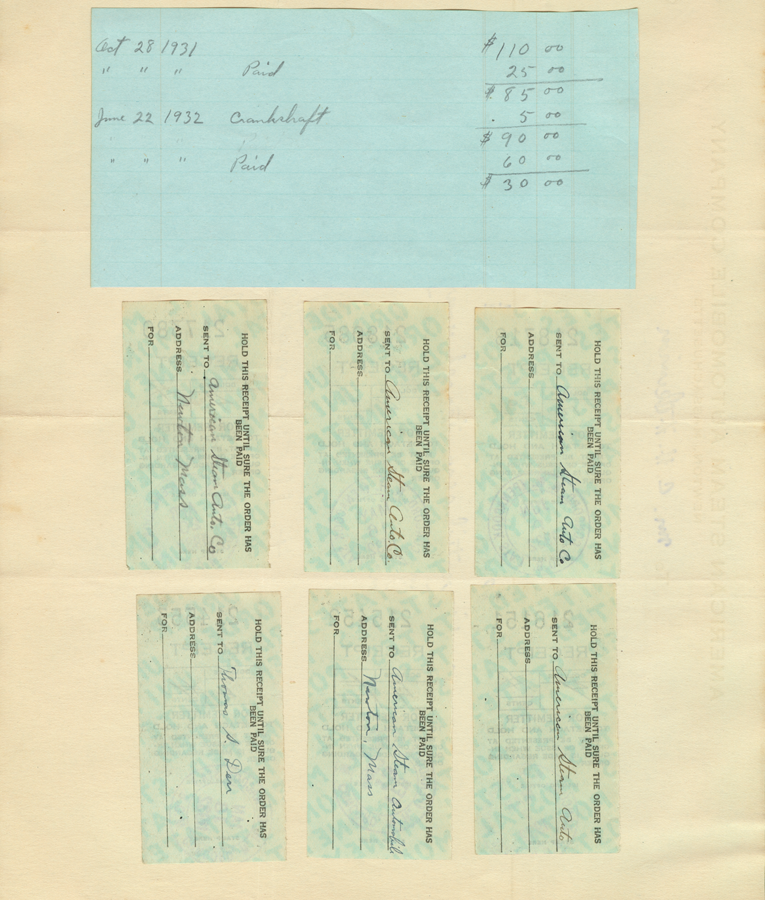 American Steam Automobile Company, Invoice from Derr to Atkinson