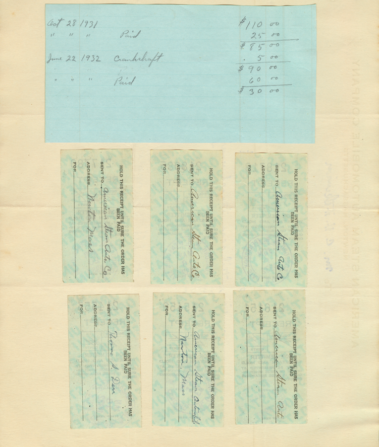 American Steam Automobile Company, Invoice from Derr to Atkinson