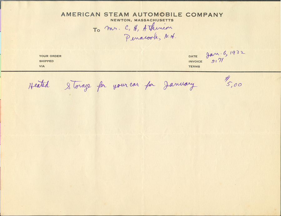 American Steam Automobile Company, Invoice from Derr to Atkinson