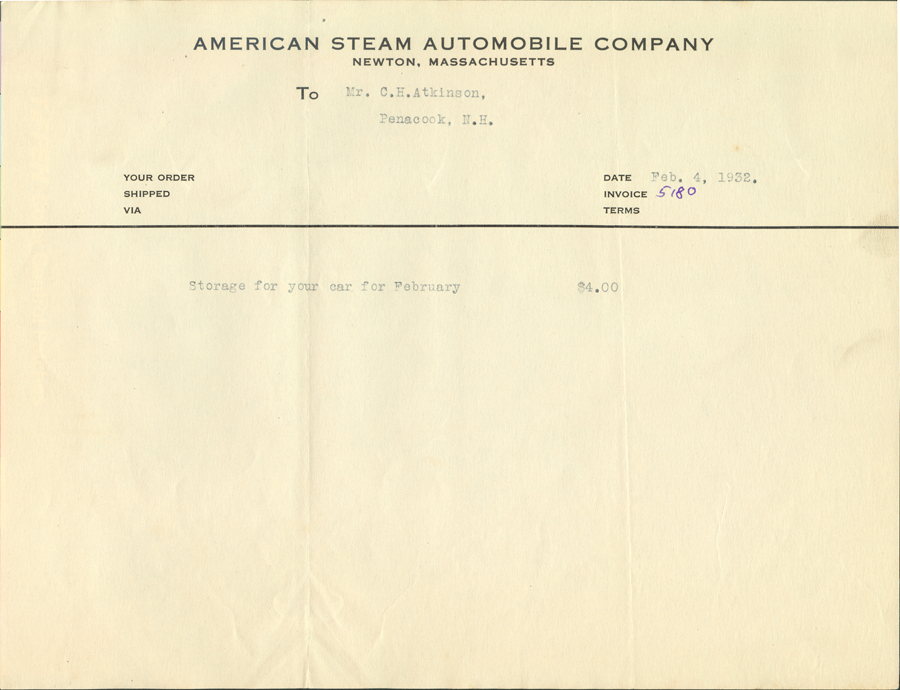 American Steam Automobile Company, Invoice from Derr to Atkinson