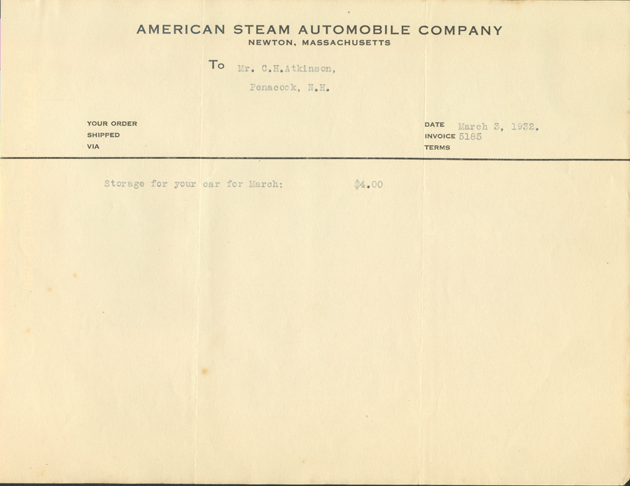 American Steam Automobile Company, Invoice from Derr to Atkinson