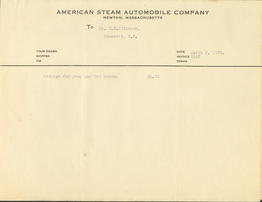 American Steam Automobile Company, Invoice from Derr to Atkinson