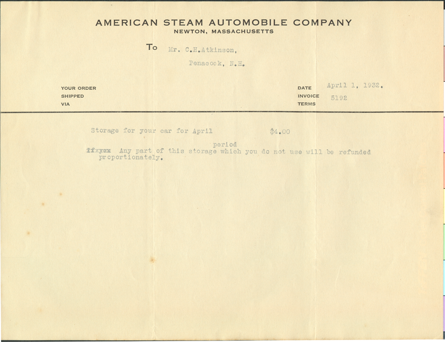 American Steam Automobile Company, Invoice from Derr to Atkinson