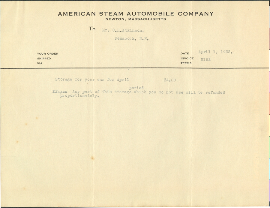 American Steam Automobile Company, Invoice from Derr to Atkinson