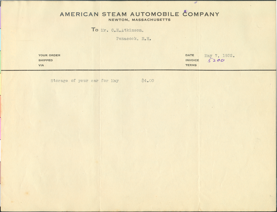American Steam Automobile Company, Invoice from Derr to Atkinson