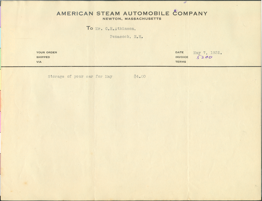 American Steam Automobile Company, Invoice from Derr to Atkinson