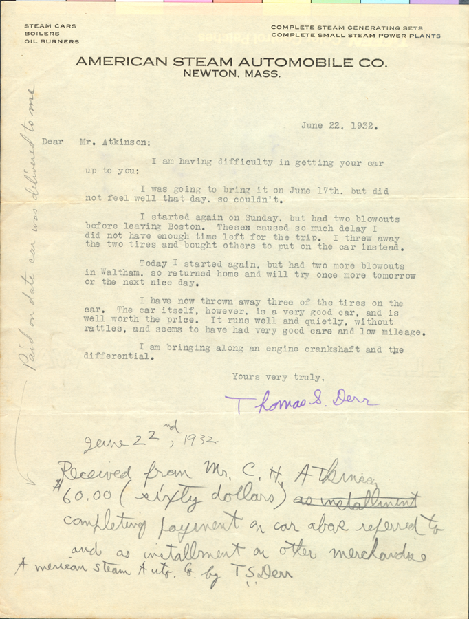 American Steam Automobile Comany, Letter from Derr to Atkinson 1932 June