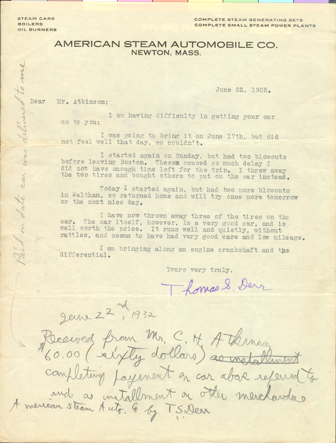 American Steam Automobile Comany, Letter from Derr to Atkinson 1932 June