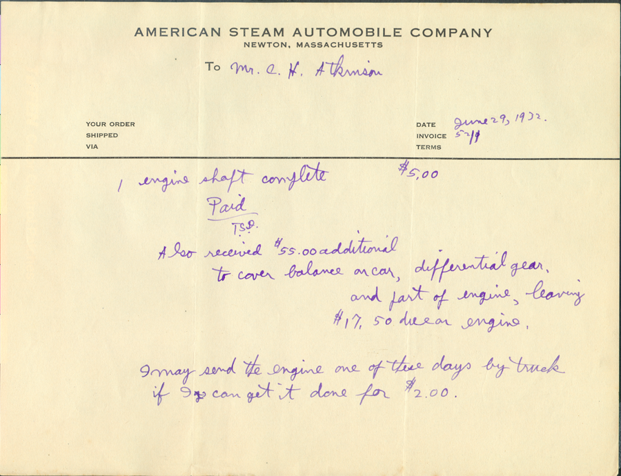 American Steam Automobile Company, Invoice from Derr to Atkinson