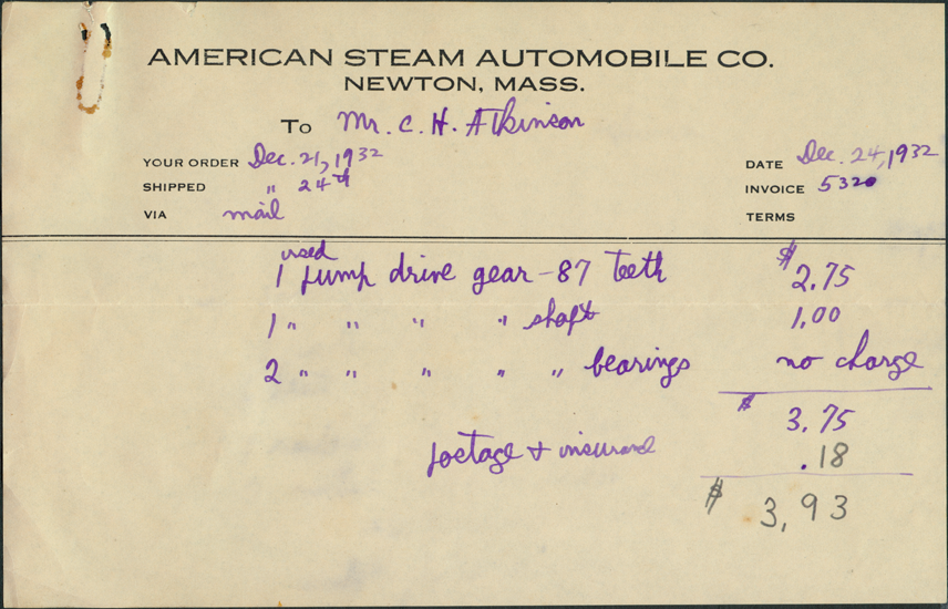 American Steam Automobile Company, Invoice from Derr to Atkinson