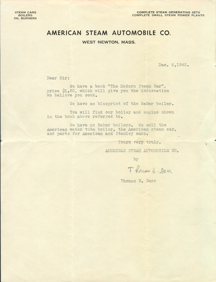 American Steam Automobile Company letter, December 6, 1943