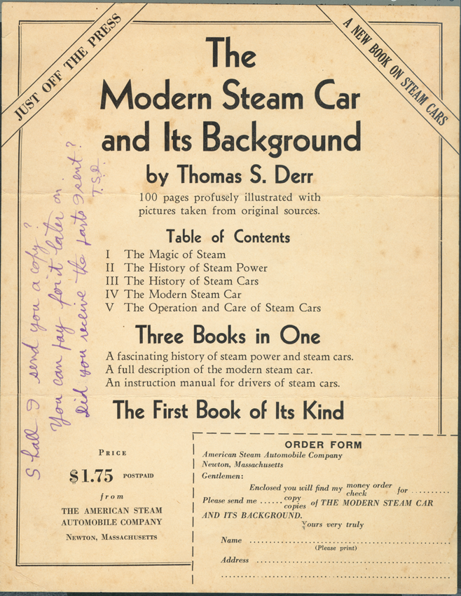 American Steam Automobile Comany, Derr signed flyer for book to Atkinson