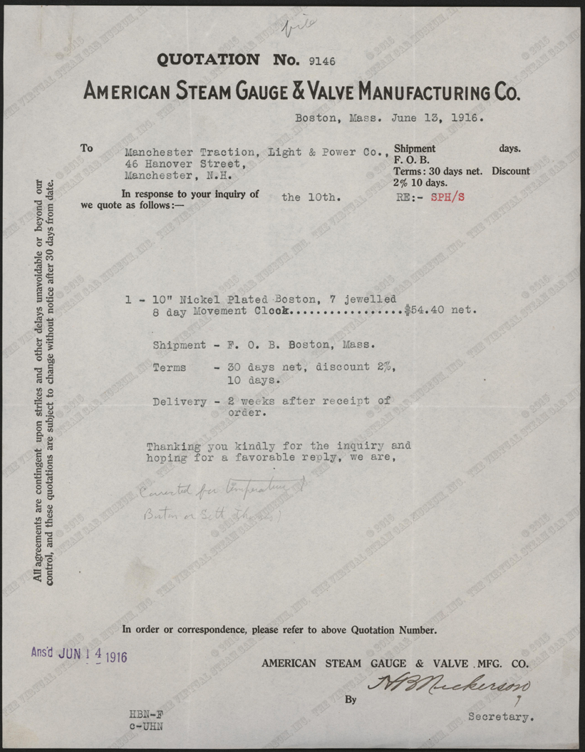 American Steam Gauge & Valve Company letter to Manchester Traction, Power, and Light Company about a clock