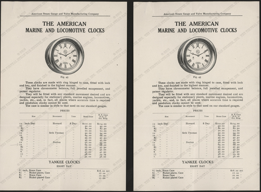 American Steam Gauge & Valve Company letter to Manchester Traction, Power, and Light Company, Clock Trade Catalolgue