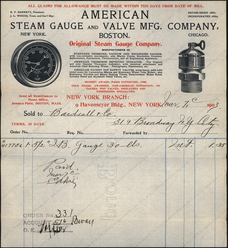 American Steam Gauge and Valve Manufacturing Company invoice, March 7, 1903