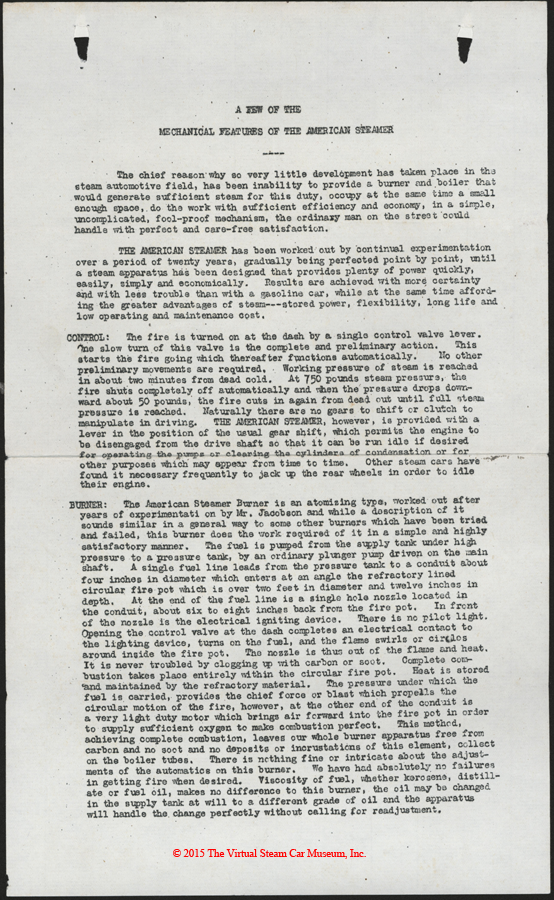 American Steam Truck Company, ca: 1920 - 1921, Mechanical Features Letter, p. 1