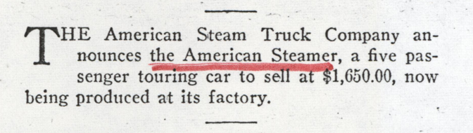 American Steam Truck Company, Magazine Article, American Automobile Digest, October 1922, p. 83, Photocopy, Conde Collection.