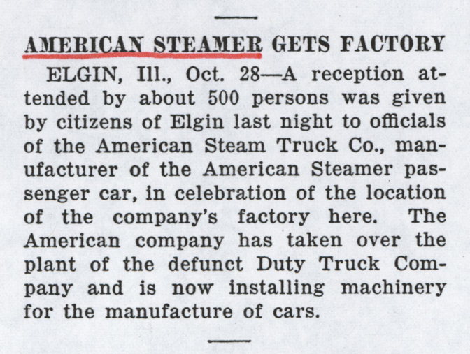 American Steam Truck Company, Magazine Article, Motor Age, November 2, 1922, Photocopy, Conde Collection.