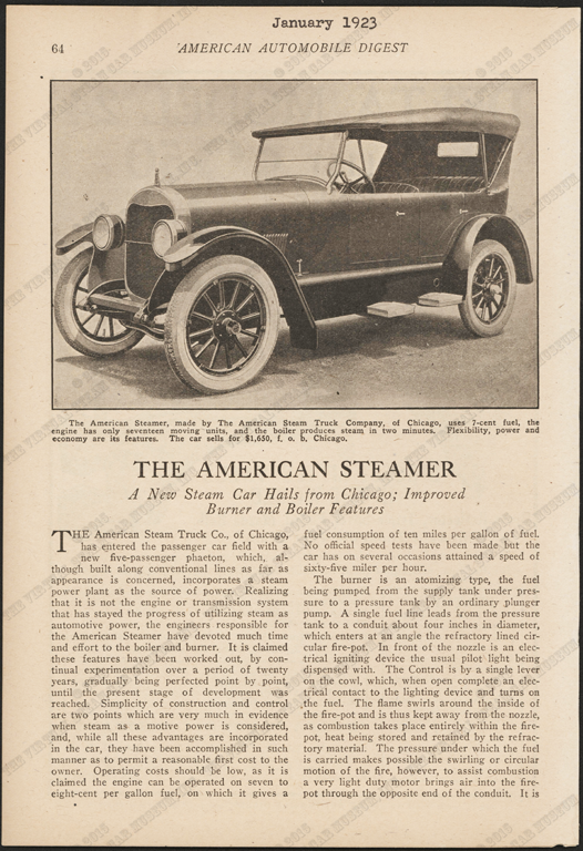 American Steam Truck Company, Magazine Article, American Automobile Digest, January 1923, pp. 64-70, Conde Collection