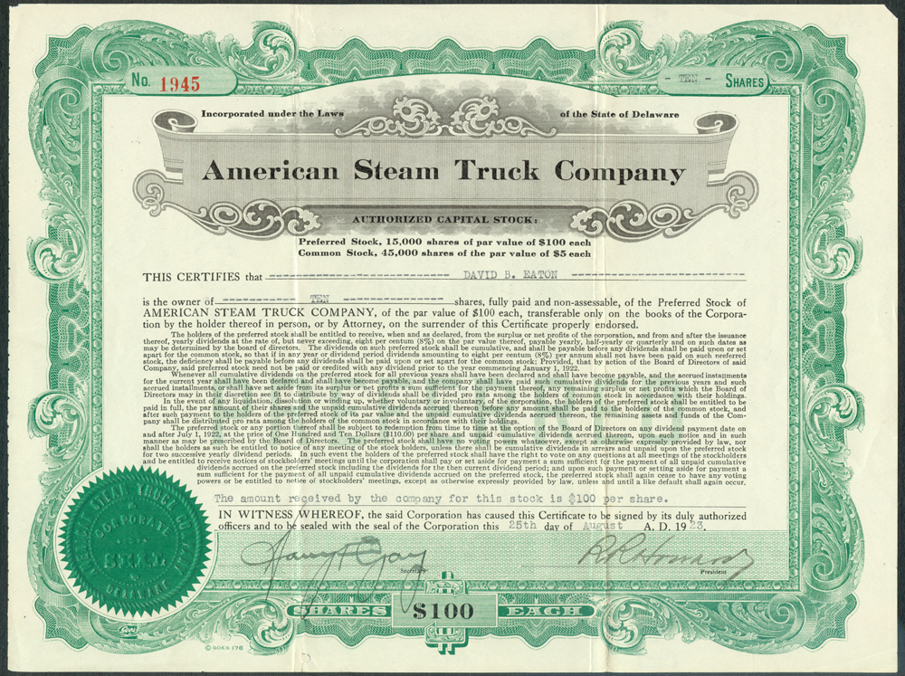 American Steam Truck Company, August 25, 1923, Stock Certificate, Front