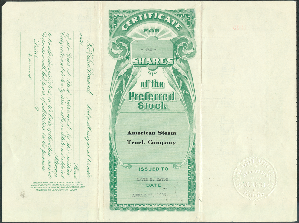 American Steam Truck Company, August 25, 1923, Stock Certificate, Reverse