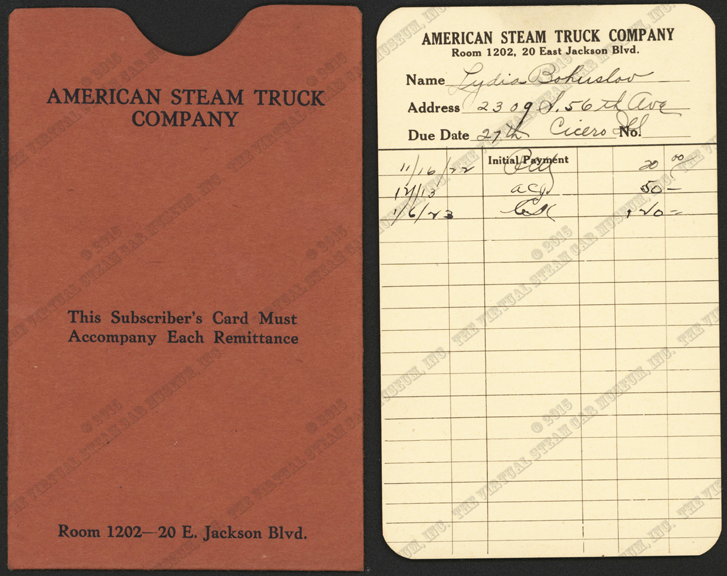 American Steam Truck Company, Subscribers Card and Carrier November 16, 1922, Lydia Bohuslav