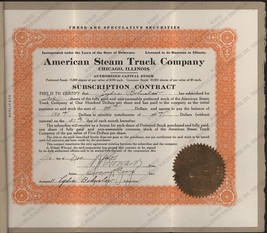 American Steam Truck Company, Subscription Contract, November 16, 1922, Lydia Bohuslav