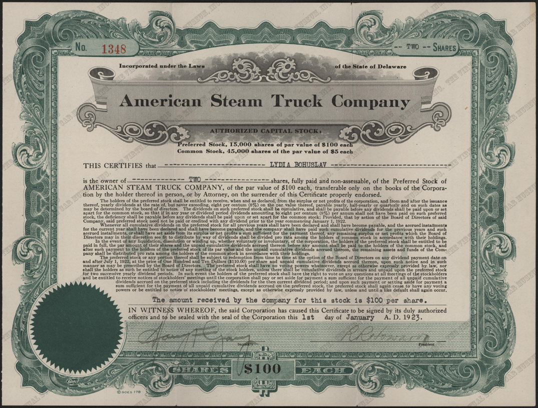 American Steam Truck Company, Preferred Stock Certificate, January 1, 1923, Lydia Bohuslav