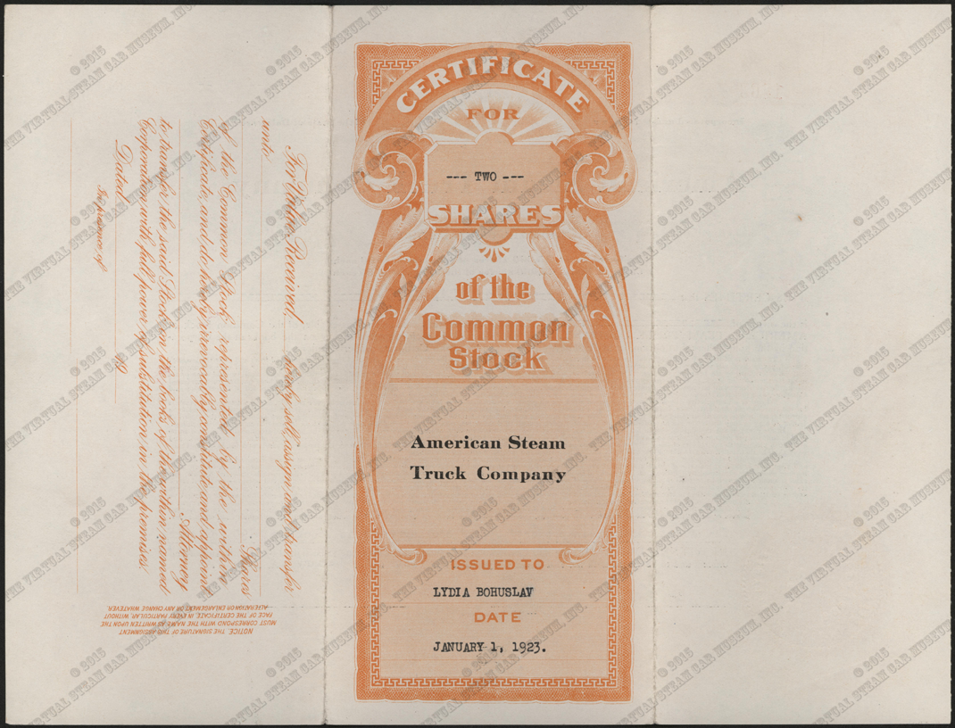 American Steam Truck Company, Common Stock Certificate, January 1, 1923, Lydia Bohuslav