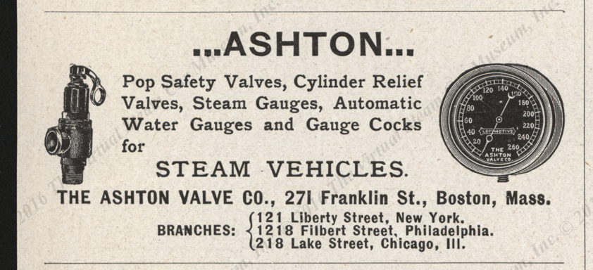 Ashton Valve Company Magazine Advertisement, Horseless Age, April 25, 1900