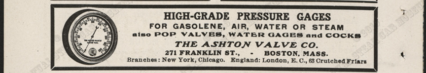 Ashton Valve Company Magazine Advertisement, Cycle and Automobile Trade Journal, November 1907, p. 392