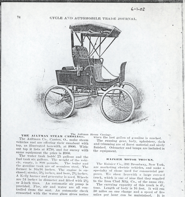 Aultman Company, Henry J. Aultman Steam Carriage, June 1, 1902, Cycle & Automobile Trade Journal, p. 74