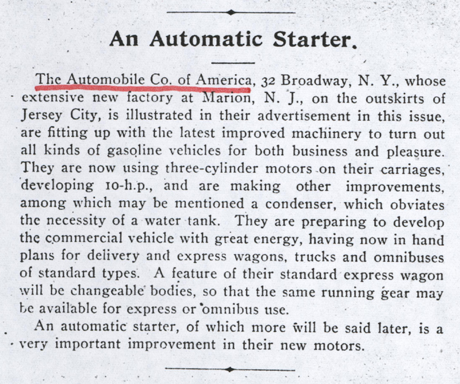 Automobile Company of America, Conde Collection, Magazine Article, Horseless Age, Vol. 5, No. 16, p. 65, Photocopy, Conde Collection.