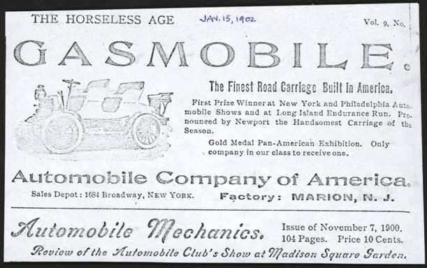 Automobile Company of America, Conde Collection, Horseless Age Magazine Advertisement, January 15, 1902, Vol. 9, No. 2. Photocopy Conde Collection