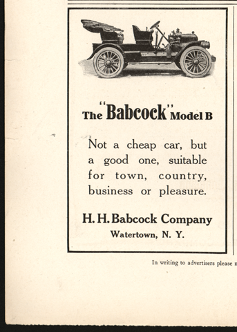 H. H. Babcock 1909 Model B gasoline car, Worlds Work Advertiser