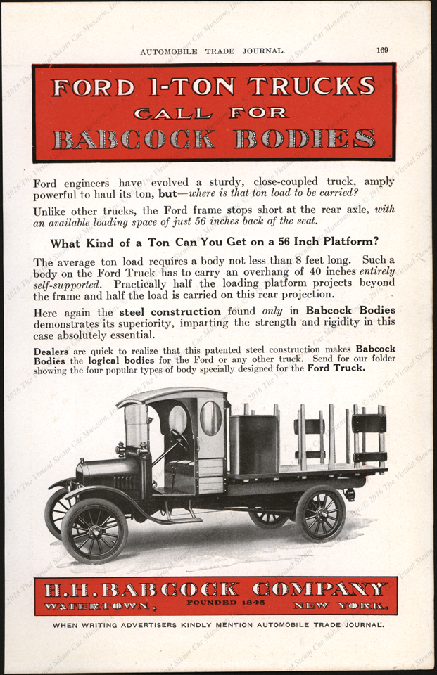 H. H. Babcock Company, 1-Ton Ford Truck Bodies, Magazine Advertisement, 1917, Automobile Trade Journal P. 169.