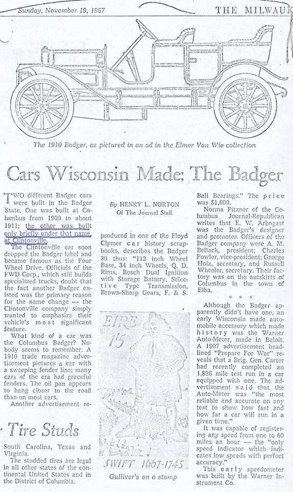 Milwaukee Journal Article about Wisconsin Built Cars, Henry Norton, November 19, 1967, Photocopy, Conde Collection.