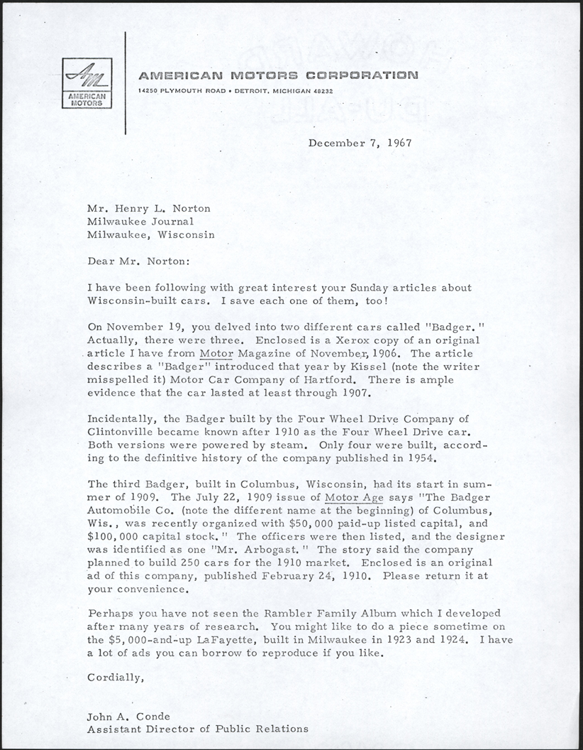 Badger Four-Wheel Drive Auto Company, Clintonville, WI, Letter from John to Henry Norton, December 7, 1967, Photocopy, Conde Collection