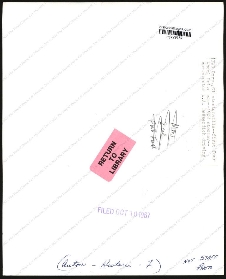 Four Wheel Drive Corporation, First Foud Wheel Drrive vehicle, Steam Powered, press photograph, 1908, October 10, 1967.  Reverse