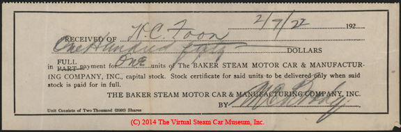 Baker Steam Motor Car and Manufacturing Company Capital Stock Receipt February 7, 1922