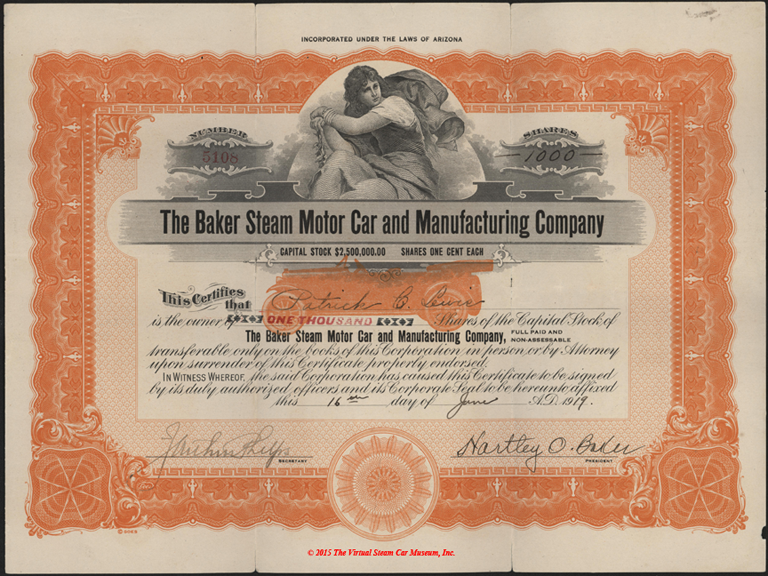 Baker Steam Motor Car and Manuracturing Company stock certificate, June 16, 1919, Front