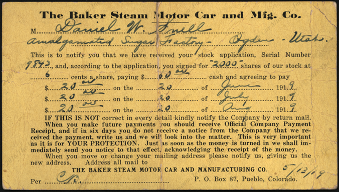 Baker Steam Motor Car and Manufacturing Company, May 13, 1919 Stock Certificate receipt