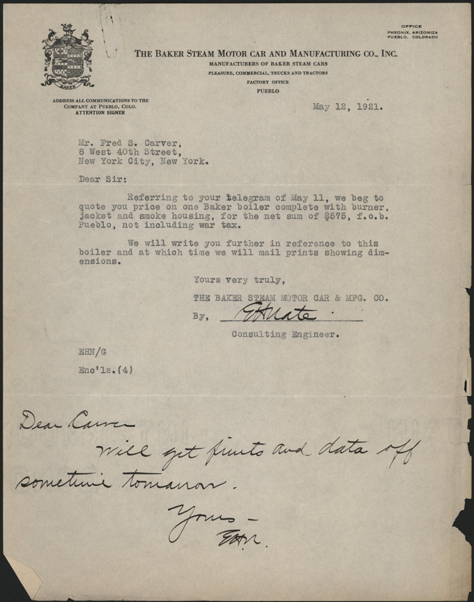 Baker Steam Motor Car & Manufacturing Company, May  12, 1921, Letter from E. H . Nate to Fred S. Carger