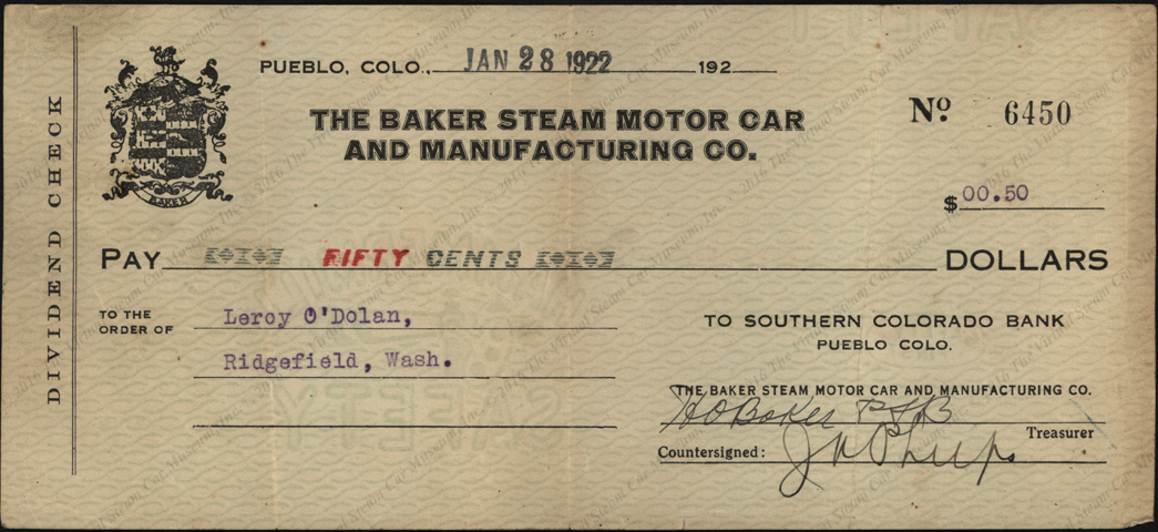 Baker Steam Motor Car and Manufacturing Comapny, divident check, January 28, 1922  Leron O'Dolan front