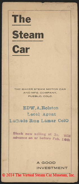 Baker Steam Motor Car and Manufacturing Company brochure, ca: 1922, Page 1