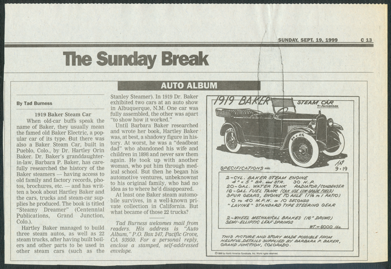 Baker Steam Motor Car and Manufacturing Company, Newspaper Feature Story, Ted Burness, September 19, 1999