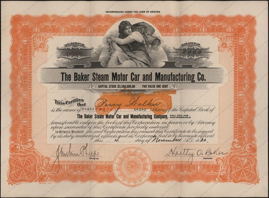 Baker Steam Motor Car and Manufacturing Company, November 4, 1920 Stock Certificate 10500 Front